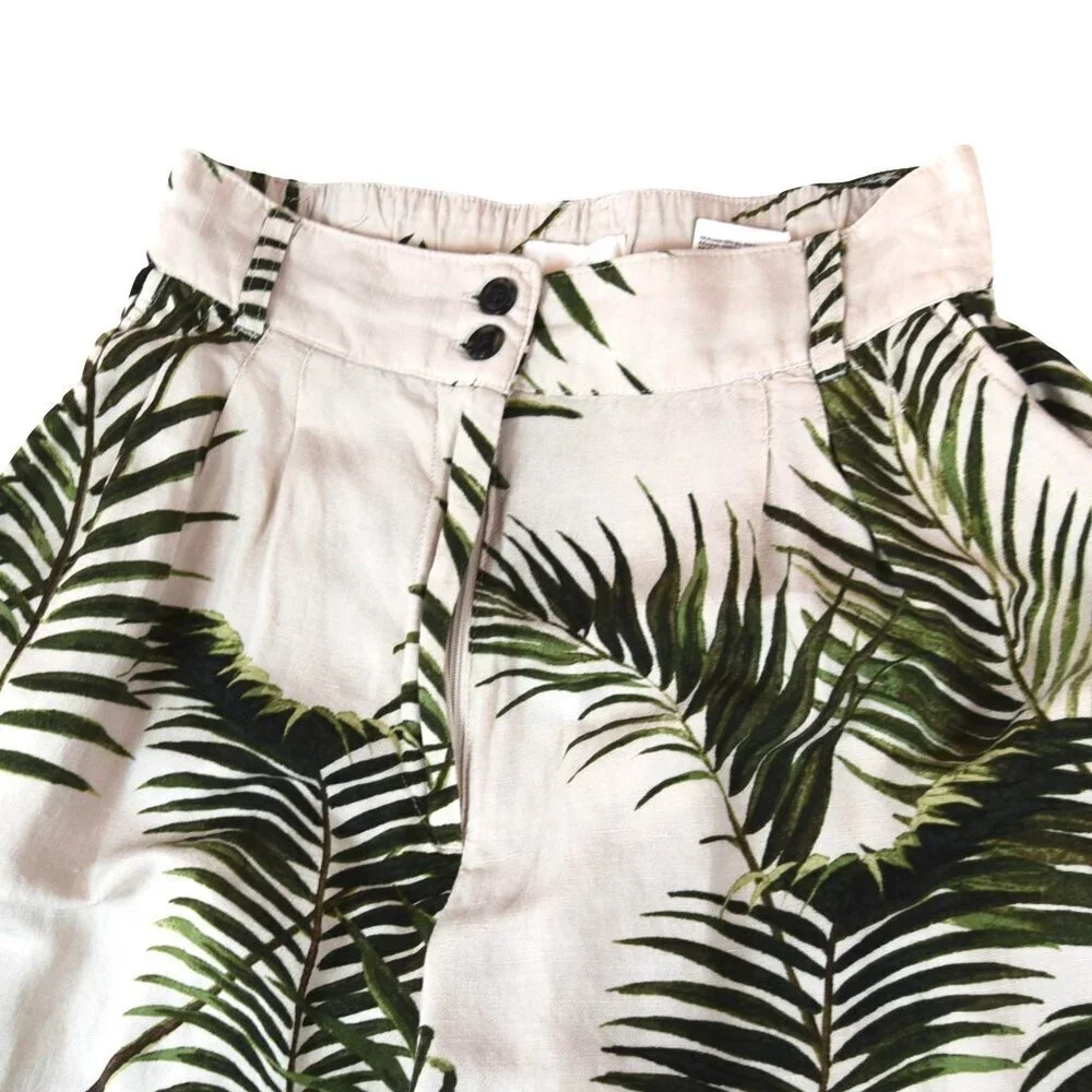 Palm Print Extra Wide Leg Linen Trousers Tropical Resort Boho Cropped Pants Sz 6